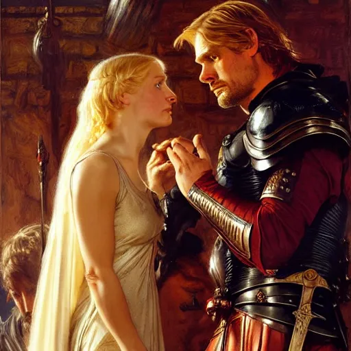 Image similar to attractive fully clothed jaime lannister confesses his love for his attractive fully clothed brienne of tarth. highly detailed painting by gaston bussiere and j. c. leyendecker 8 k