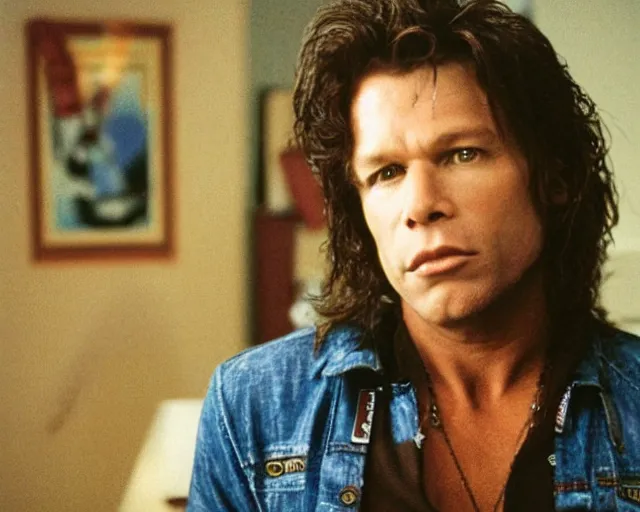 Prompt: movie still of Jon Bon jovi as Johnny in a scene from The Room, shot on Kodak 35mm film stock