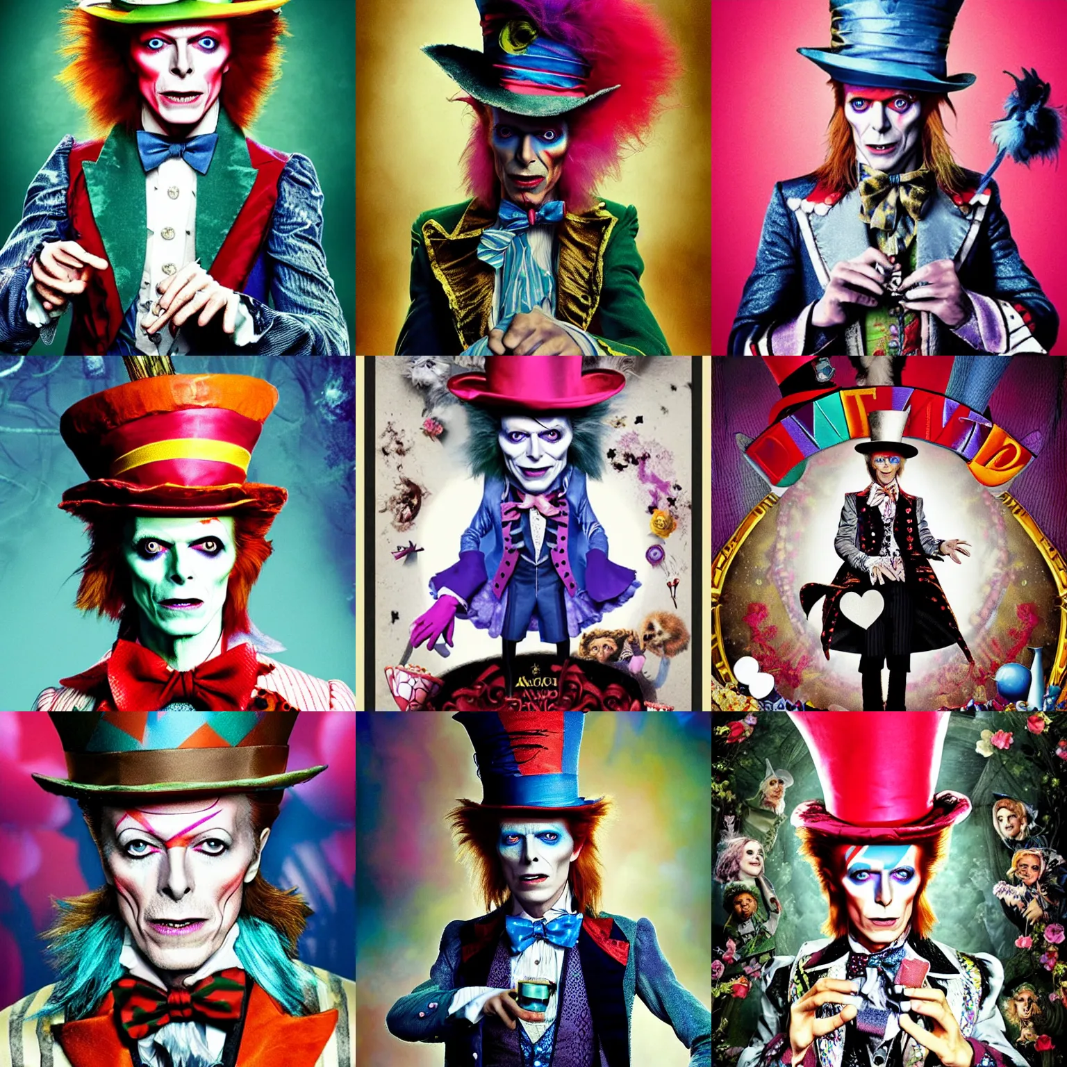 Prompt: David Bowie as the Mad Hatter in the film poster of Alice in Wonderland (2010)
