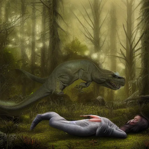 Image similar to T-Rex sleeping in a thick forest ,it is raining, night time , peaceful atmosphere, moody lighting , digital art , highly detailed , high contrast, beautiful lighting, award winning , trending on art station, photorealistic, 8k