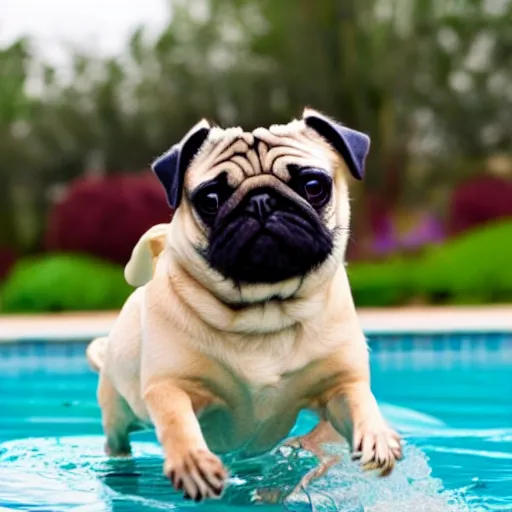 Prompt: a Funko pop of a Pug floating in a pool
