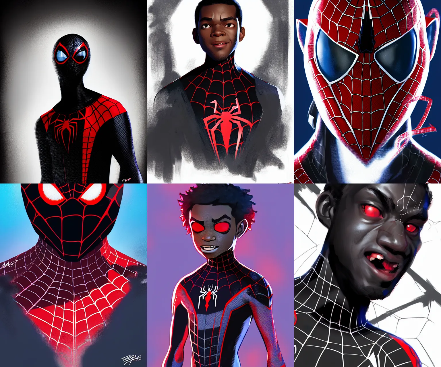 Prompt: portrait of miles morales, spider - verse art style, artstation, trending, highly detailed, smooth, focus, by alberto mielgo, craig mullins, robh ruppel, yun ling, vaughan ling, neil ross, jesus alonso iglesias