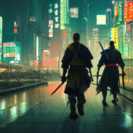 Prompt: close view matte painting of a japan samurai, holding katana in right hand, cyberpunk city and huge mechanical bridges on the background, rainy night, neon glow concept art, smooth, sharp focus, illustration, cyberpunk 2077, neuromancer, scifi, photorealistic, octane render, 8k, by Peter Andrew Jones and Greg Rutkowski