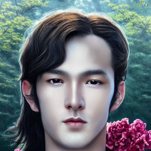 Image similar to a portrait of a young handsome prince, long black hair, golden eyes, elegant, intricate, backlit, incredible lighting, strong rim light, subsurface scattering, epic beautiful landscape, cherry trees, highly detailed, god rays, digital painting, by Heise Jinyao, Heise-Lian Yan Fang, Feimo, Rossdraws, HDRI, vivid colors, high contrast, 8k resolution, photorealistic