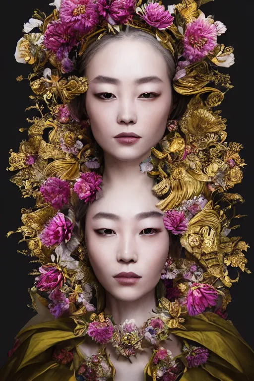 Prompt: a beautiful portrait of a singular empress, with a brilliant, impossible striking big flower headpiece, clothes entirely made out of flowers, symmetrical, dramatic studio lighting, rococo, baroque, jewels, asian, hyperrealism, closeup, D&D, fantasy, intricate, elegant, highly detailed, digital painting, artstation, octane render, 8k, concept art, matte, sharp focus, illustration, art by Artgerm and Greg Rutkowski and Alphonse Mucha