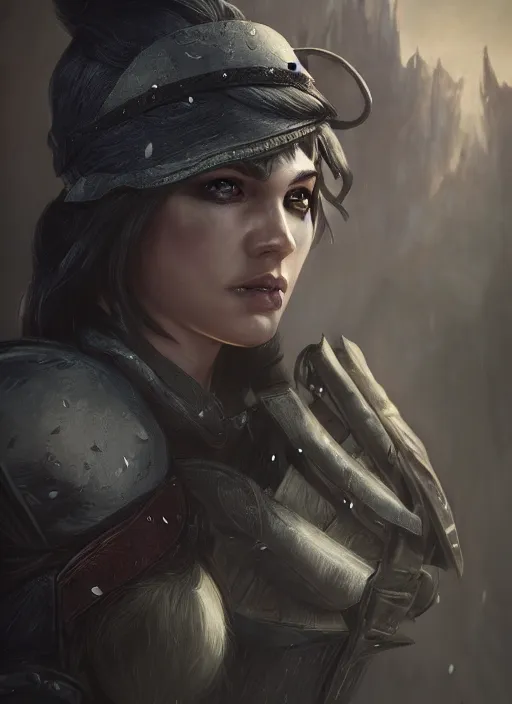 Image similar to A fantasy comic book style portrait painting of a female fantasy ranger in a atmospheric dark fortress, unreal 5, DAZ, hyperrealistic, octane render, RPG portrait, ambient light, dynamic lighting