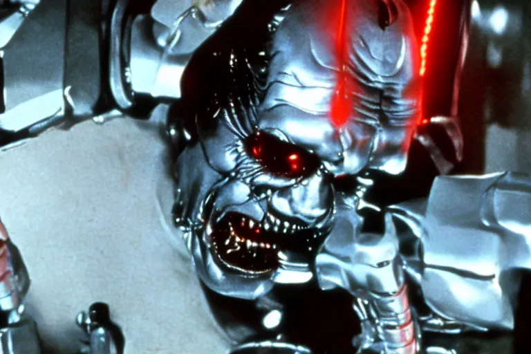 Image similar to Jack Nicholson plays Terminator, his one yes glow red, scene where his endoskeleton gets exposed, still from the film