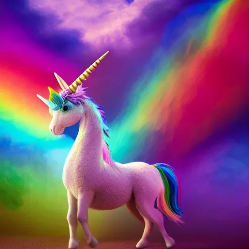 Prompt: full body pose, hyperrealistic photograph of a cute fuzzy rainbow unicorn, dim volumetric lighting, 8 k, octane beautifully detailed render, extremely hyper detailed, intricate, epic composition, cinematic lighting, masterpiece, trending on artstation, very very detailed, stunning, hdr, smooth, sharp focus, high resolution, award, winning photo, dslr, 5 0 mm