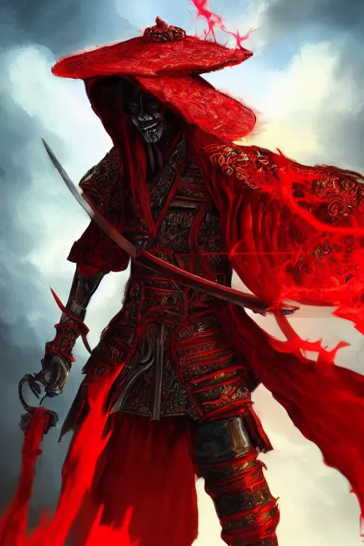 Prompt: Half-length portrait of a demonic humanoid wearing an asian rice hat and a katana. Red clothing, liquid, flux. Black armor. Volumetric lighting, bloom, shadows. Asian landscape, clouds. Fantasy, digital painting, HD, 4k, detailed.