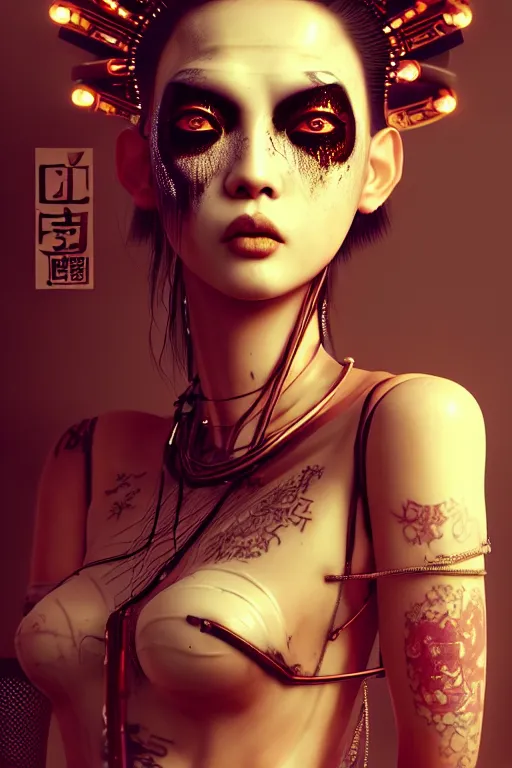 Prompt: soft lustrous ebony asian geisha yakuza biotech raver gutter punk gothic cyborg, cyberpunk city, urban decay, decay, golden ratio, details, scifi, fantasy, cyberpunk, intricate, decadent, highly detailed, digital painting, octane render, artstation, concept art, smooth, sharp focus, illustration, art by artgerm, loish, wlop