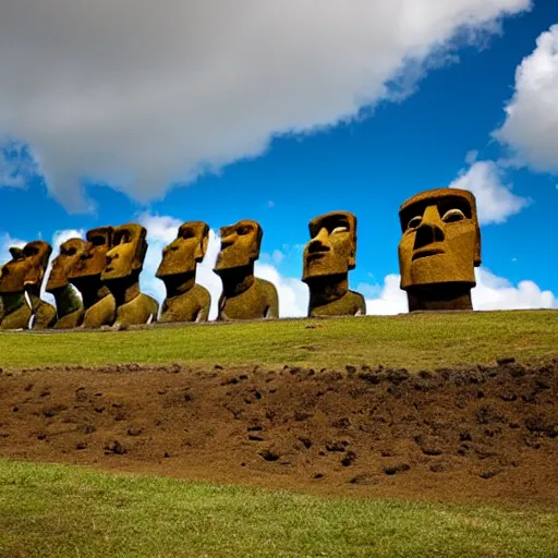 Image similar to easter island but the statues all look like rodney dangerfield, outdoor photography, landscape, detailed,