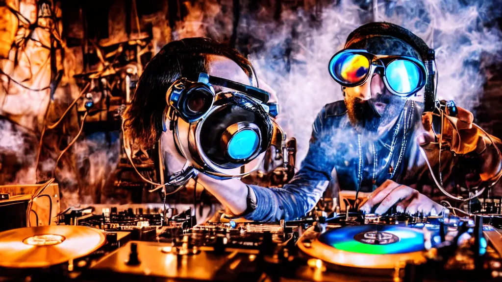 Image similar to a person wearing goggles and visor and headphones using a steampunk record player contraption, wires and tubes, turntablism dj scratching, intricate planetary gears, cinematic, imax, sharp focus, leds, bokeh, iridescent, black light, fog machine, hazy, lasers