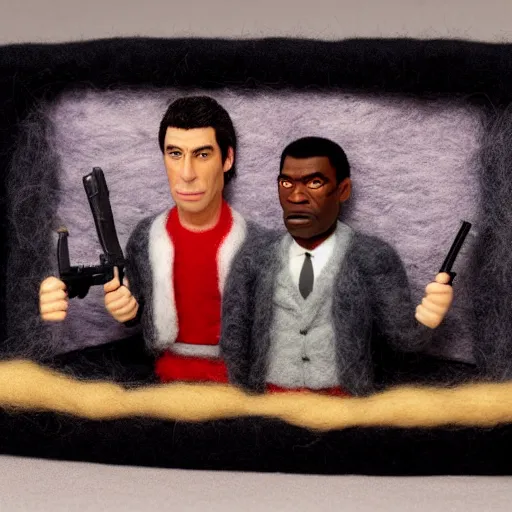 Prompt: needle felted scene featuring john travolta and samuel l jackson in pulp fiction, highly detailed, tilt shift, atmospheric, hyperrealism, highly textured, god rays, action