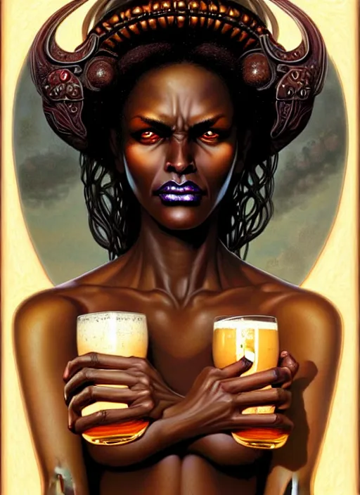 Prompt: stunning goddess of beers portrait, dark skin. realistic, symmetrical face. art by bowater charlie, mark brooks, julie bell, arian mark, tony sandoval