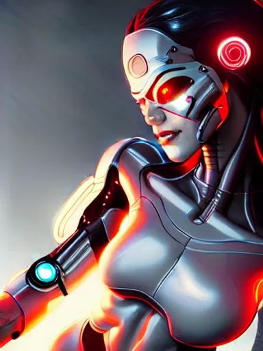 Prompt: cyborg woman by artgerm, tooth wu, todd mcfarlane : : character design, concept art, digital illustration, digital art, imaginefx, weta, wlop, futuristic, cyberpunk, cybertronic