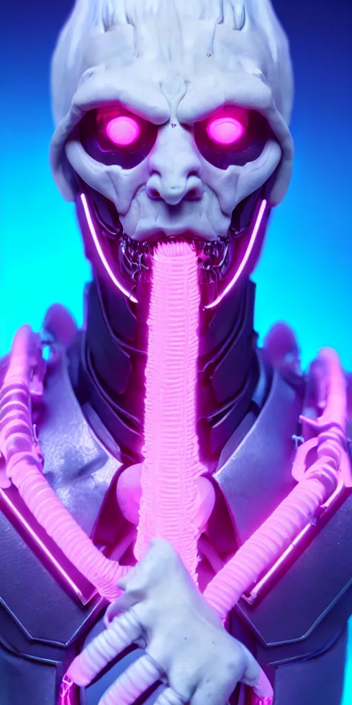 Prompt: 3d octane close-up high quality render of gothic cyborg man with white hair and pearlescent pink skin key sage wayne barlowe very soft blue neon lighting on one side wide angle 35mm shallow depth of field 8k