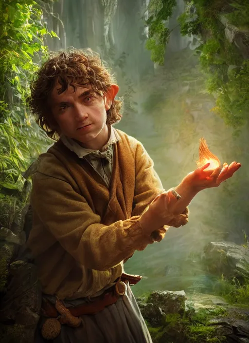 Image similar to beautiful close - up portrait of a hobbit mage casting a spell in a dark mystical fantasy ruin surrounded by lush spring time forest, masterpiece, trending on artstation, unreal 5, daz, hyperrealistic, octane render, dungeons and dragons, dynamic lighting