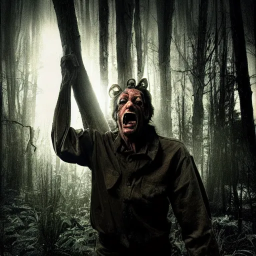 Prompt: under the full silver moon jim varney transforms into a werewolf and hungry for feeding with sharp teeth and claws in the forest full hd stunning creepy photograph