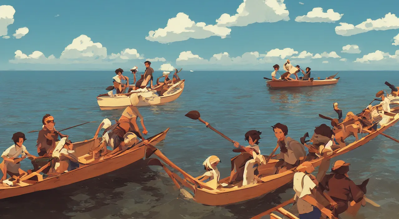 Image similar to havanese dogs and men on row boats, coming ashore in micronesia, 1 9 0 0, tartakovsky, atey ghailan, goro fujita, studio ghibli, rim light, dark lighting, clear focus, very coherent