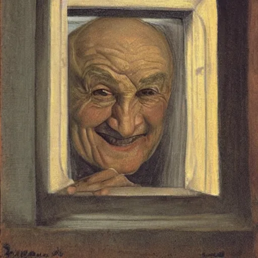 Image similar to the head of a smiling old man seen through a window