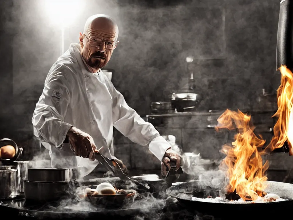 Prompt: walter white cooking eggs in a saucepan. He is looking worried. The stove is on fire. dramatic lighting, movie poster