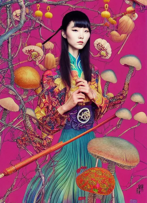 Image similar to pretty chinese model with hallucination mushroom : : by martine johanna and simon stalenhag and chie yoshii and casey weldon and wlop : : ornate, dynamic, particulate, rich colors, intricate, elegant, highly detailed, vogue, harper's bazaar art, fashion magazine, smooth, sharp focus,