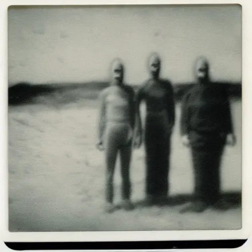 Image similar to polaroid photograph of horrorific extraterrestrial beings visiting earth, 1 9 5 0