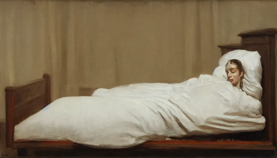 Image similar to painting by borremans, young woman in bed, detailed, stunning