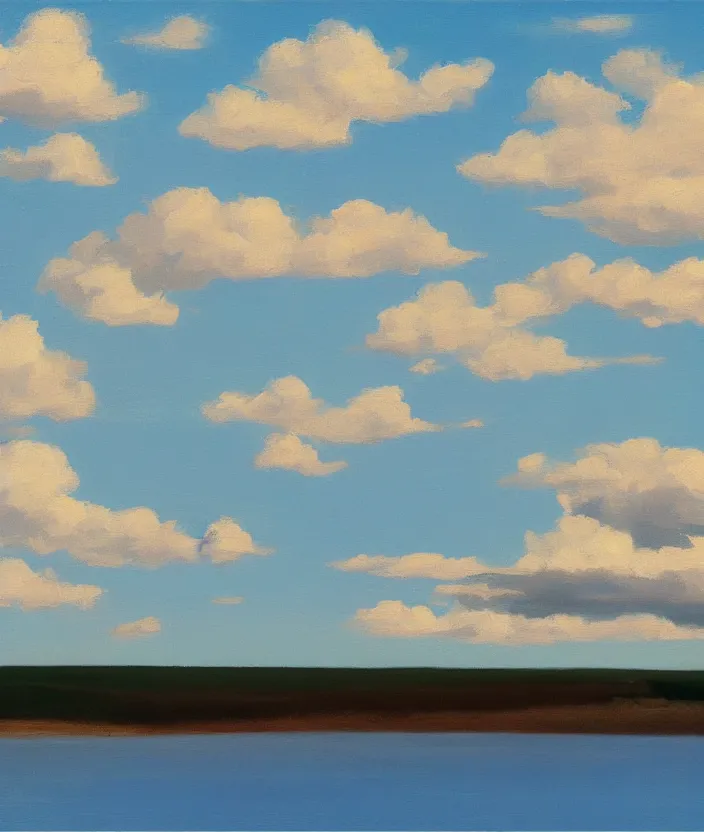 Prompt: baby blue sky with very aesthetic stylized clouds, in the style of edward hopper, very fine brushstrokes, 4 k,