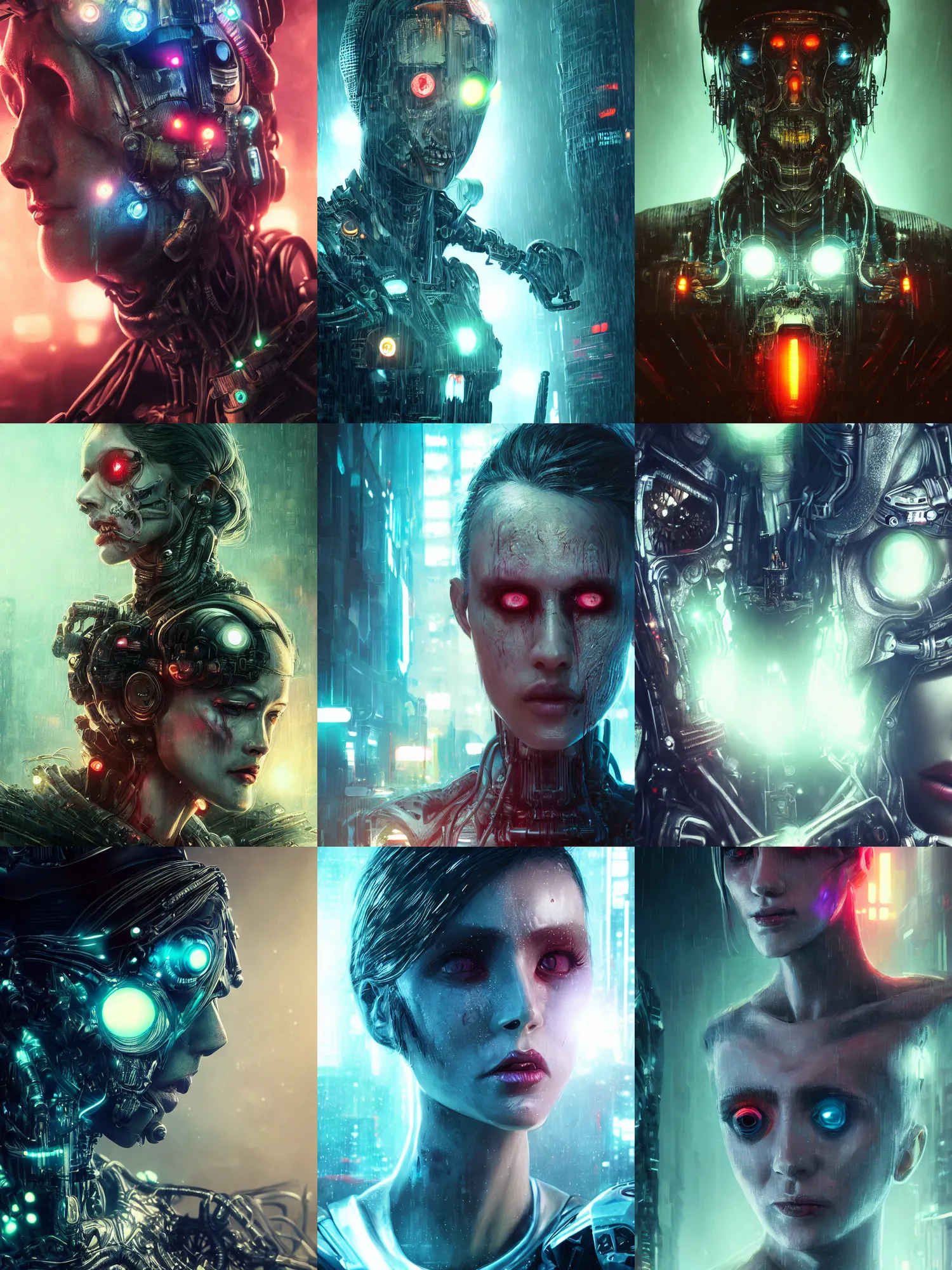 Prompt: portrait art of 8k ultra realistic retro futuristic undead , lens flare, atmosphere, glow, detailed,intricate,blade runner, cybernetic, full of colour, cinematic lighting, trending on artstation, 4k, hyperrealistic, focused, extreme details,unreal engine 5, cinematic, masterpiece, art by ayami kojima, giger