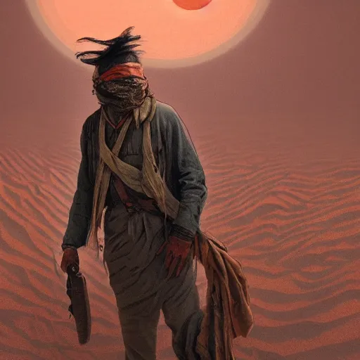 Prompt: 19th century scruffy american trapper, bandana covering face, in a sandstorm, martian landscape, pulp science fiction illustration