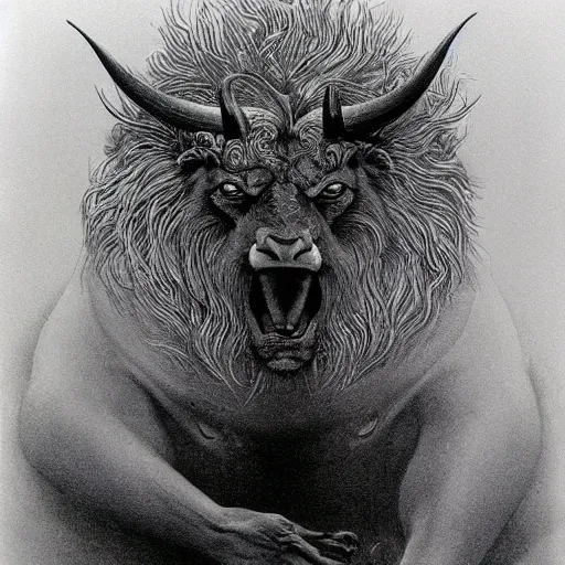 Image similar to a creature with the body and eyes of a man, with the beak of an eagle, the mane of a lion, and the horn of an bull. drawn by zdzislaw beksinski