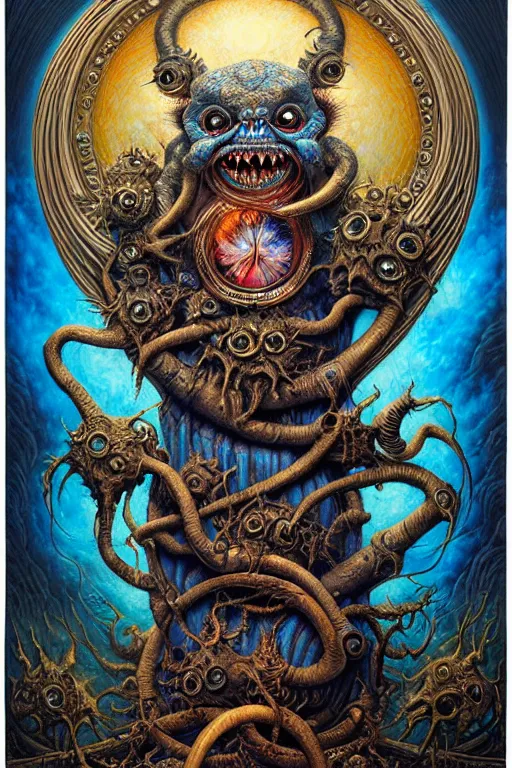 Prompt: A beautiful detailed grotesque monster super cute tarot card, by tomasz alen kopera and Justin Gerard, symmetrical features, ominous, magical realism, texture, intricate, ornate, royally decorated, mechanic, skeleton, whirling smoke, embers, blue red and dark silk fine lines adornements, blue torn fabric, radiant colors, fantasy, trending on artstation, volumetric lighting, micro details, 3d sculpture, ray tracing, 8k, anaglyph effect, digital art