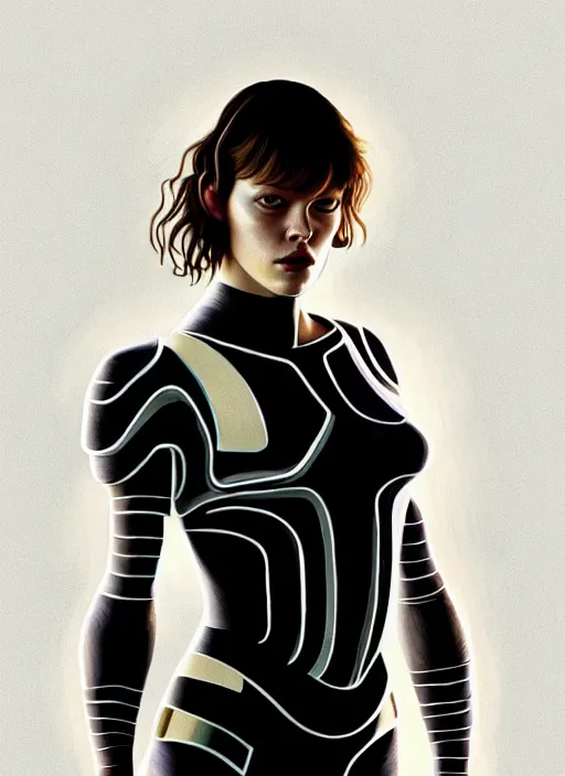 Prompt: young milla jovovich wearing tape, futuristic apartment, full body, far future, sharp focus, highly detailed, trending on artstation, intricate, painting by rutkowski