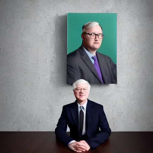 Image similar to augustus aloysius corporate portrait, senior sales marketing acquisitions ceo executive vp, purple green color scheme, professional studio lighting, hyperreal detailed lifelike facial features, corporate portraiture photographed by david lynch