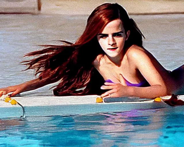 Prompt: color still photo of emma watson in film fast times at ridgemont high 1 9 8 2, swimming pool