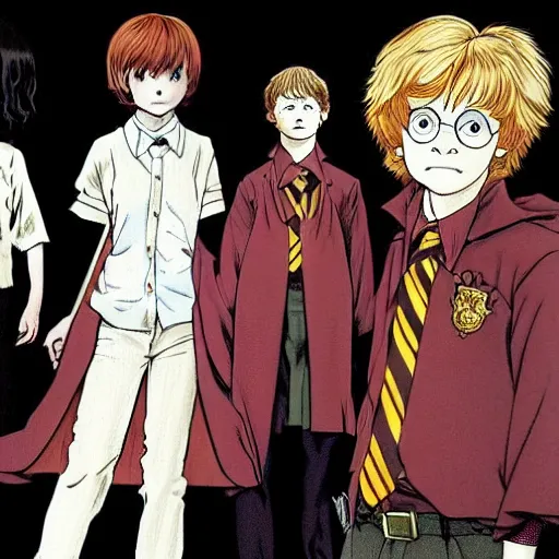 Prompt: Harry Potter, Ron Weasley, Hermione Granger, anime by Katsuhiro Otomo