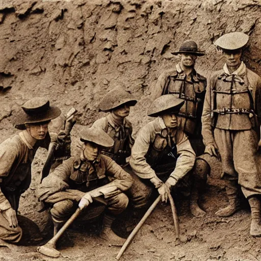 Prompt: ultra detailed photorealistic sepia - toned photo from 1 9 1 7, a small group of british soldiers standing at an archaeological dig site in wadi rum, ultra realistic, painted, intricate details, lovecraft, atmospheric, dark, horror, brooding, highly detailed, by clyde caldwell