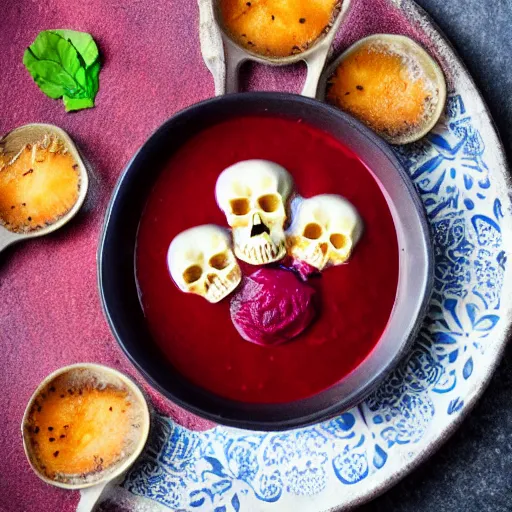 Image similar to borscht served with small skulls, award winning food photo, 4 k, high quality