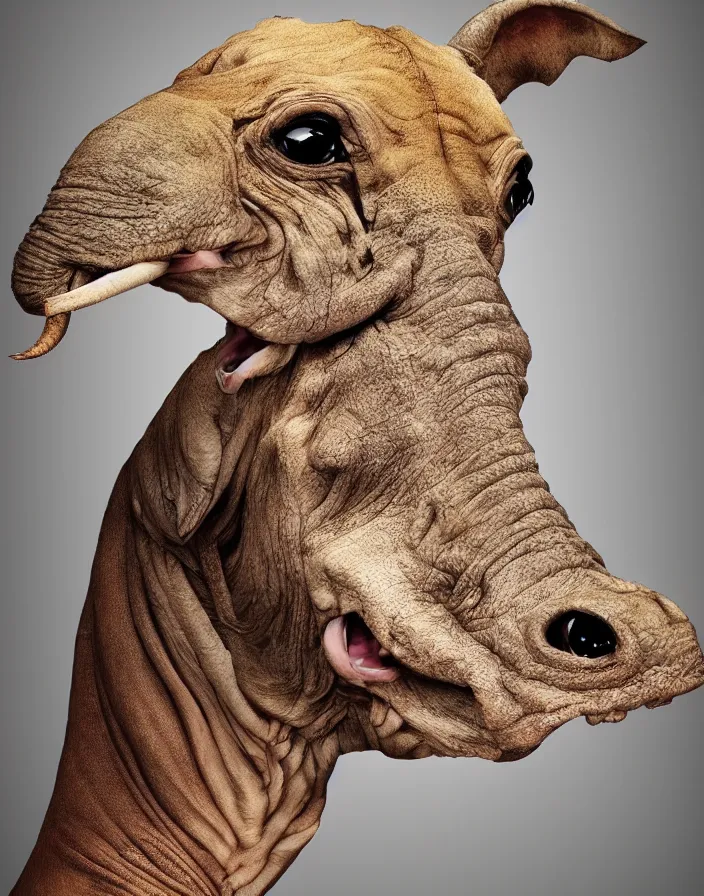 Image similar to portrait of muscular animal human merged head skin ears, without background, fit in frame, scales skin dog, cat merged elephant head cow, chicken face morphed fish head, gills, horse head animal merge, morphing dog head, animal eyes, merging crocodile head, anthropomorphic creature