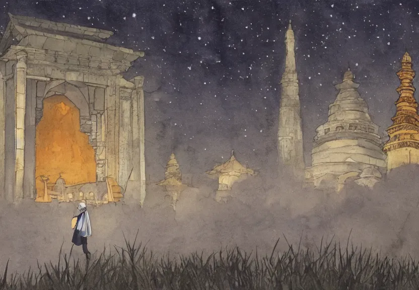 Image similar to a hyperrealist watercolor concept art from a studio ghibli film showing one giant grey monk. a temple is under construction in the background in india on a misty and starry night. by studio ghibli. very dull muted colors