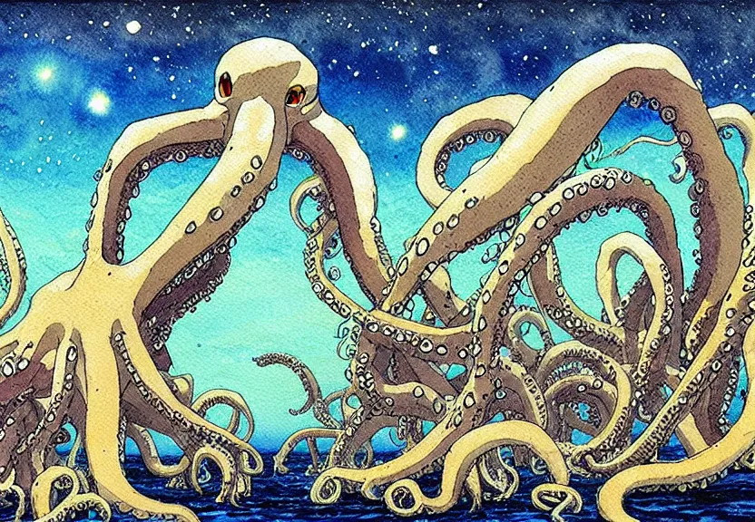 Image similar to a simple watercolor studio ghibli movie still fantasy concept art of stonehenge at the bottom of the ocean. a giant octopus from princess mononoke ( 1 9 9 7 ) is holding large stones. it is a misty starry night. by rebecca guay, michael kaluta, charles vess