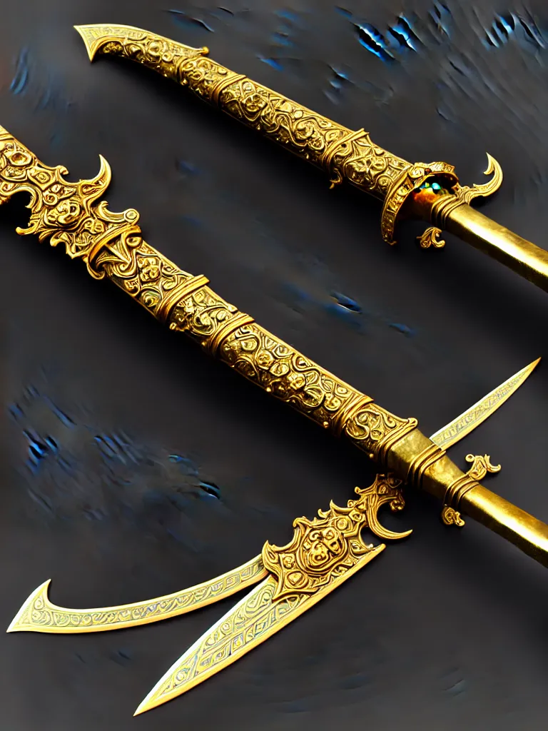Prompt: ornate magic long sword, proportional image, clean background, 3 d octane render, blade, sharp, gold, gems, cryptoblades