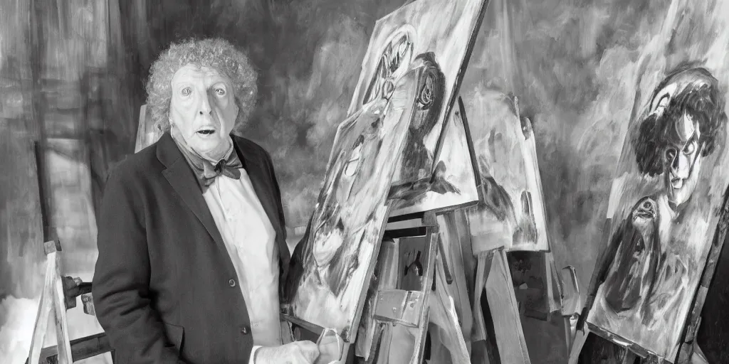 Image similar to tom baker, stands at a his easel, dressed as doctor who, paints portraits of davros, daleks and cyber men, soft focus, long exposure