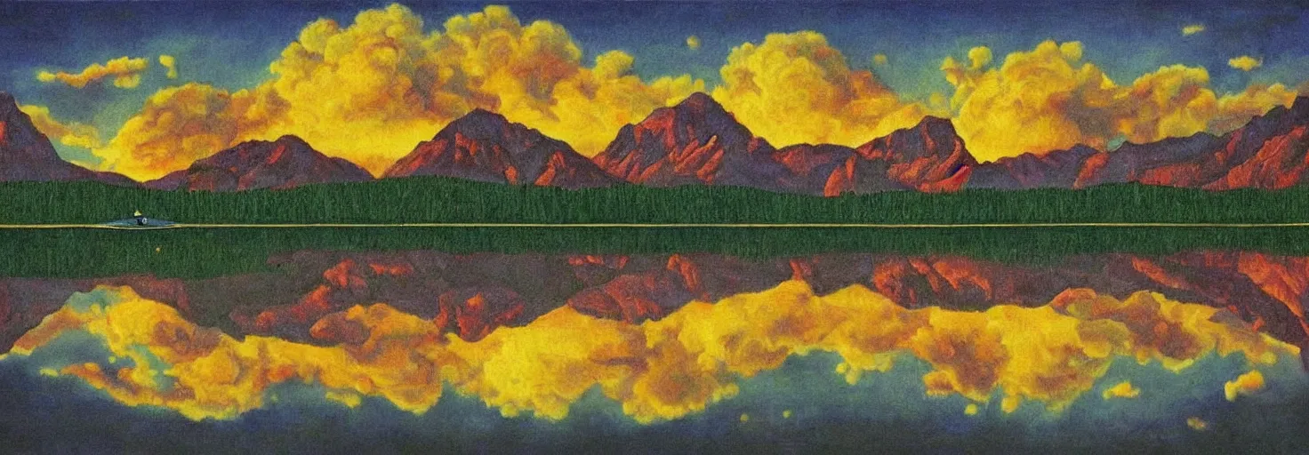 Image similar to escher painting of a lake, big trees reflecting on lake surface, mountains at background, an ufo in the air, fluffy clouds, sunset, yellow, green, red, snowy, ultra sharp, ultra detailed, happy, uplifting, colorized by salvador