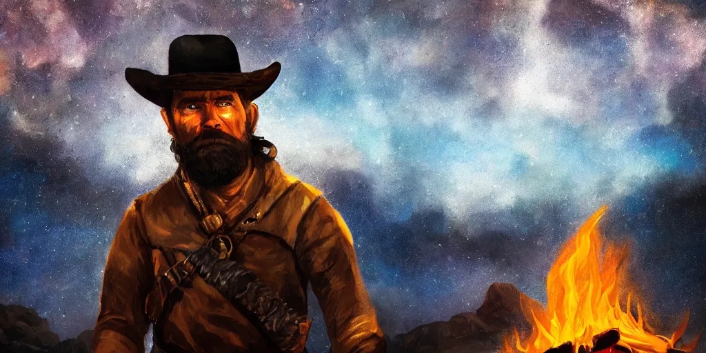 Prompt: close up portrait of rugged bandit cialien murphy ( ( alone ) ) in the old west, handcuffed by shackles at a campfire volumetric lighting, cinematic, dark, grim, digital painting, astral, starry sky, in the style of noah bradley