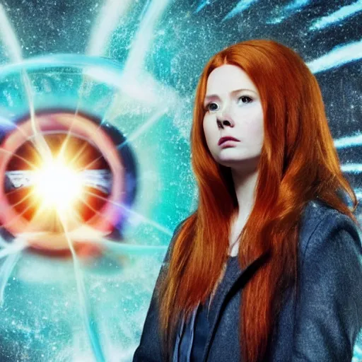 Prompt: Amy Pond staring into the Time Vortex and becoming the Bad Wolf, Doctor Who, Psychedelic, Hyper Realistic, Scifi