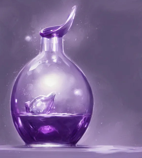 Image similar to a closeup of a purple potion in a round bottle on a messy desk. by makoto shinkai, stanley artgerm lau, wlop, rossdraws, james jean, andrei riabovitchev, marc simonetti, krenz cushart, sakimichan, d & d trending on artstation, digital art