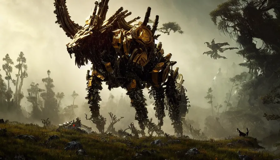 Prompt: walking animal mech covered in gold and silver armor with horizon zero dawn and elden ring aesthetic, covered in moss and birds, glowing lights, beautiful forests and trees, intricate detail, cinematic, dramatic lighting, art by darek zabrocki and John Park and Feng Zhu and Jason Chan, trending on artstation, masterpiece.