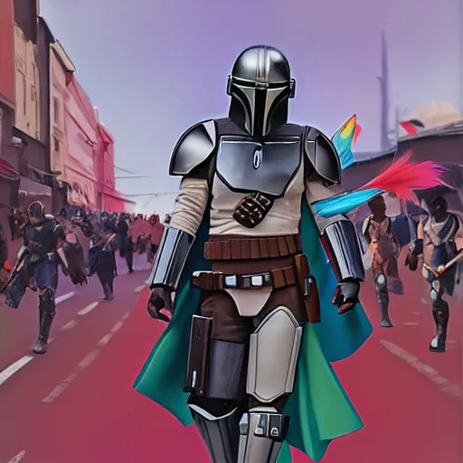 Prompt: the mandalorian wearing a pride cape in a pride parade by ilya kuvshinov katsuhiro otomo